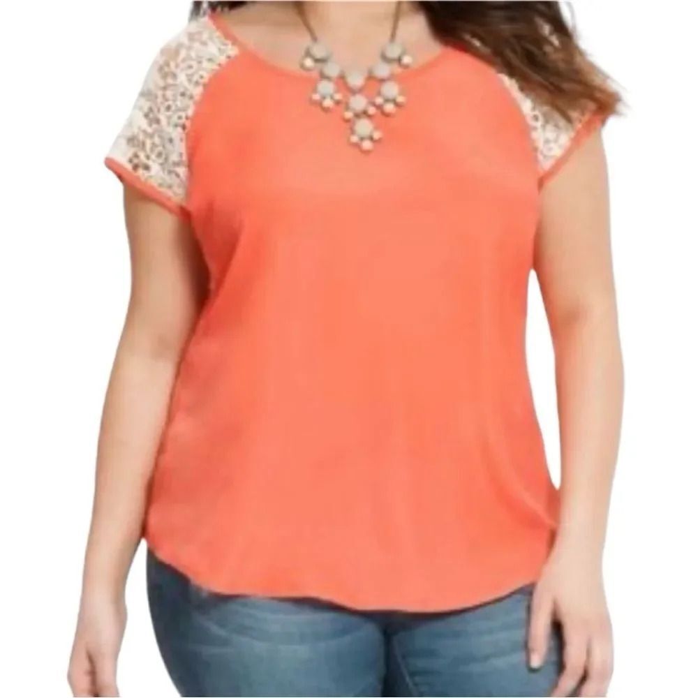 NWT Eloquii Women’s Plus Size Bright Melon Lace Sleeve Blouse | 20